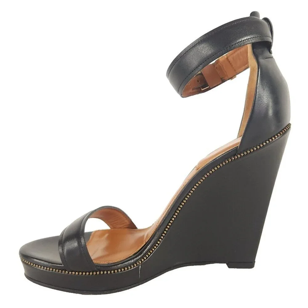 Givenchy Black Leather Ankle-Strap Wedge Sandals with Gold Stud Trim